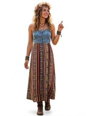 Boho Southwestern Tribal Maxi Dress Denim Lace Up Festival Style